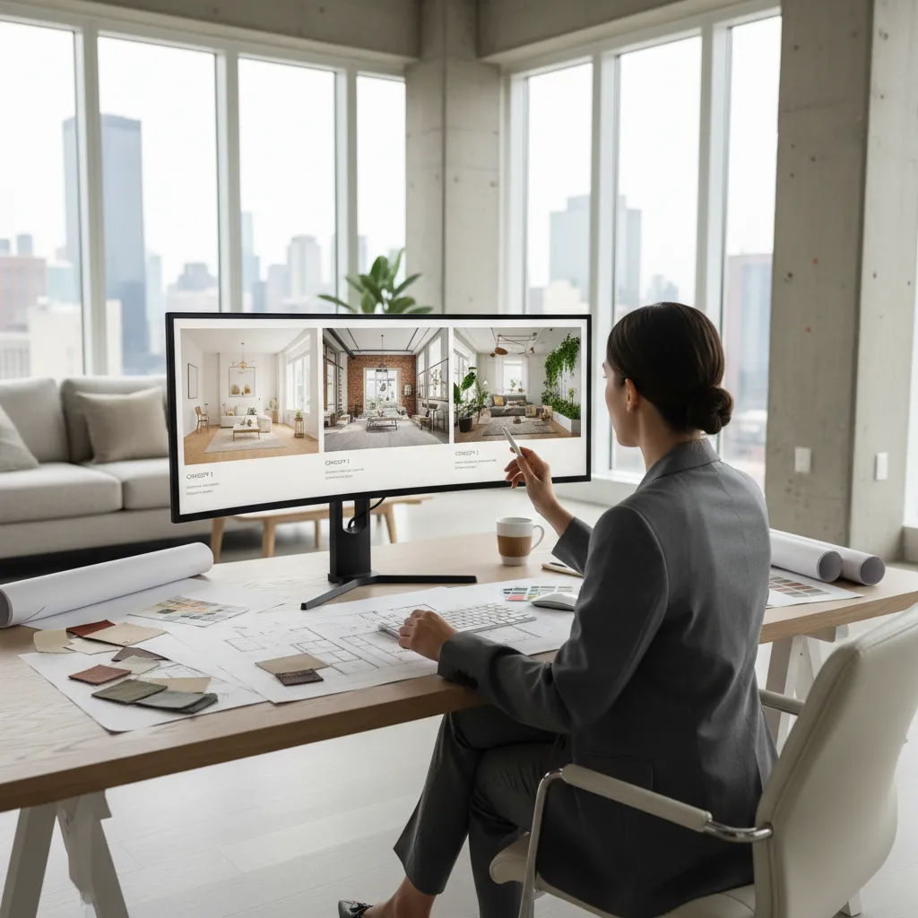 Interior designer reviewing AI generated room concepts on large monitor