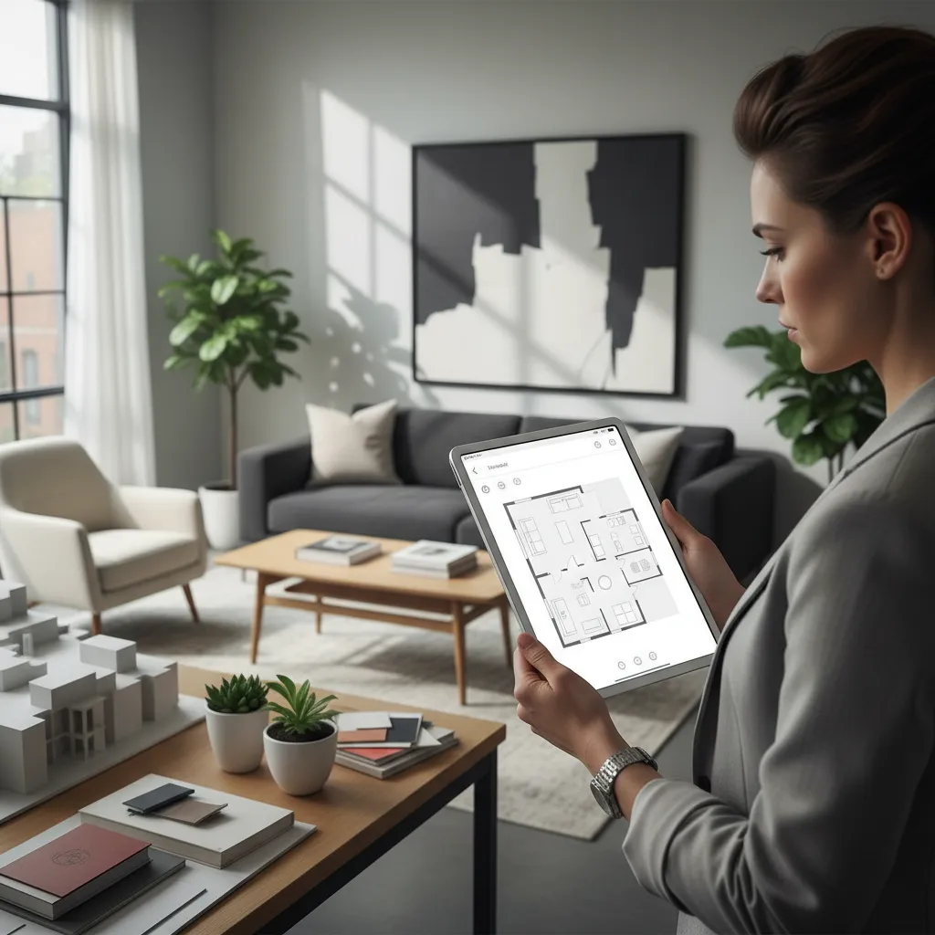 Interior designer using tablet floor plan creator app to design room layout