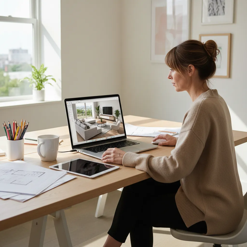 Interior designer planning living room furniture layout on a laptop with digital floor plan software