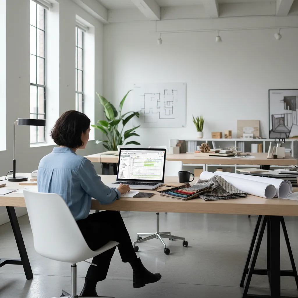 Interior designer reviewing project management software on laptop at studio desk