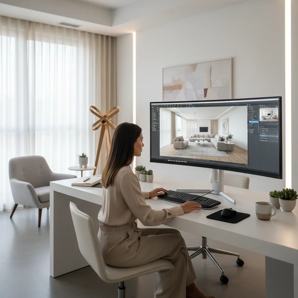 Interior designer creating a 3D room layout on a computer using design software