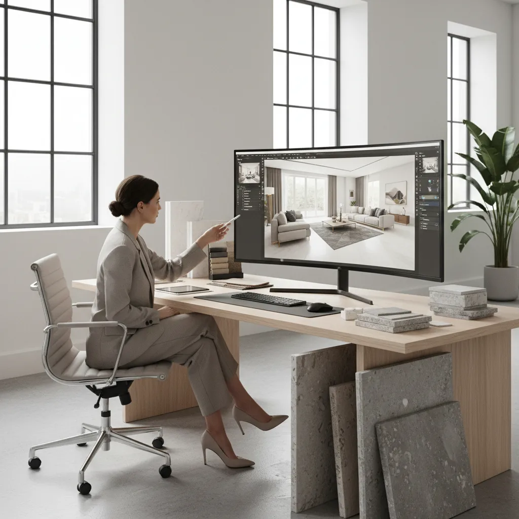 Interior designer working with 3D interior design software on a large monitor