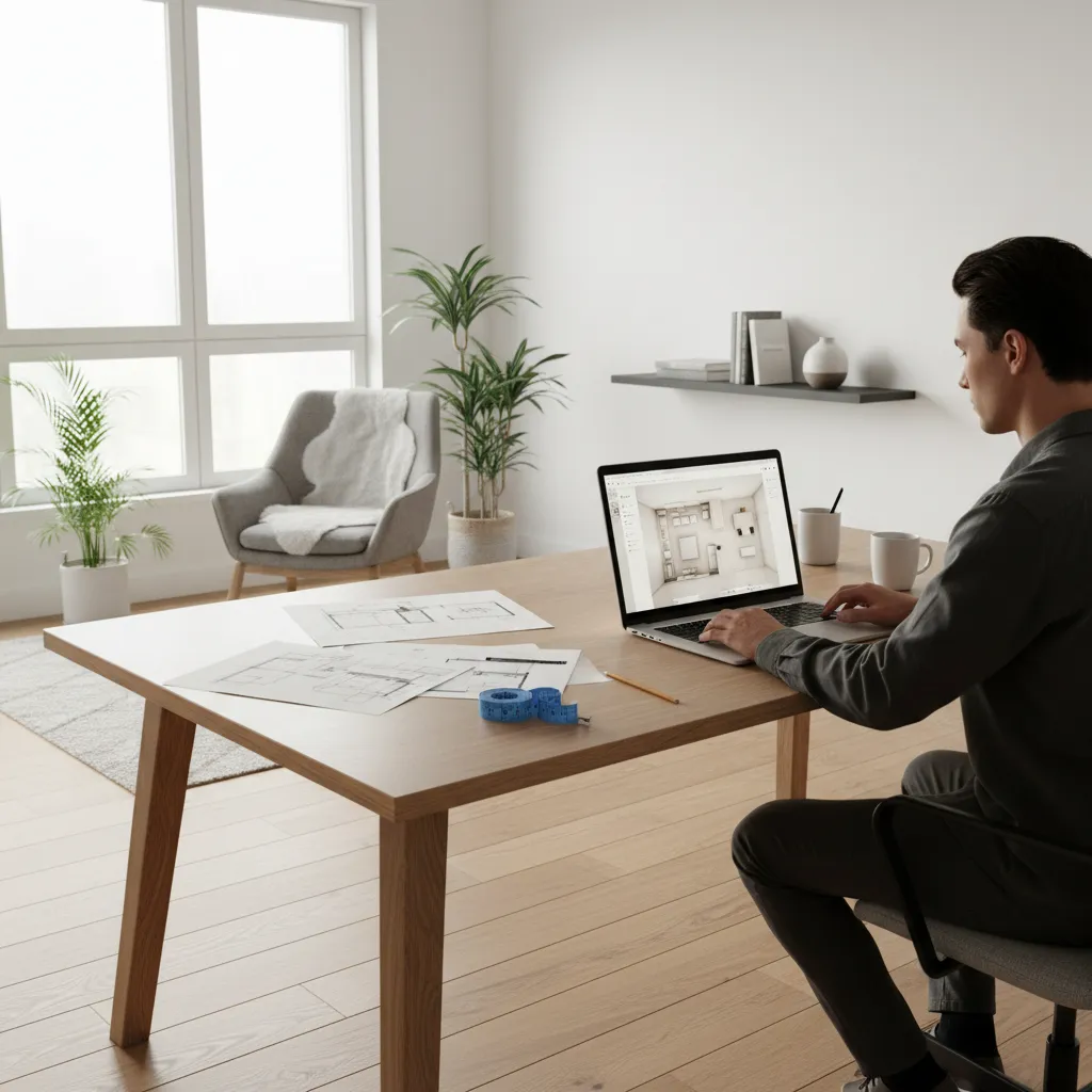 Interior designer working on a digital room planning app with a living room layout