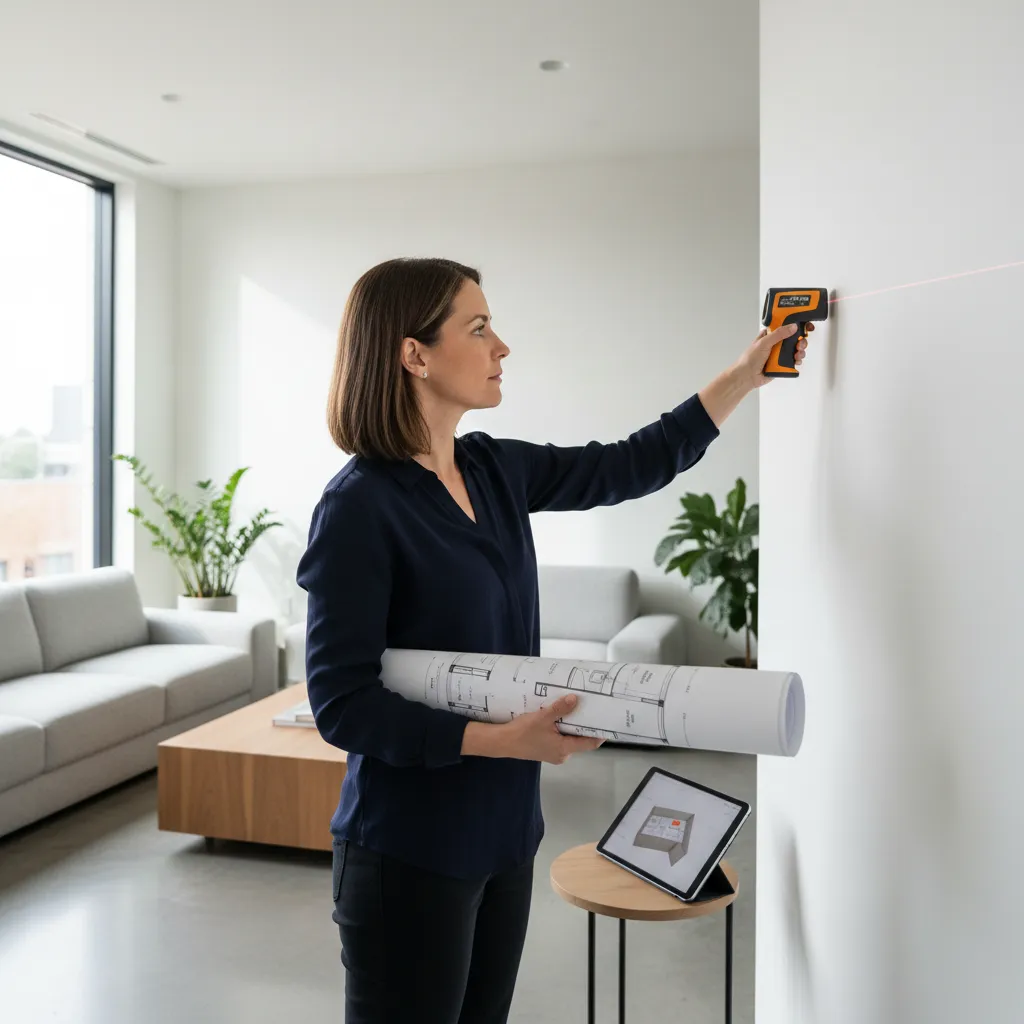 interior designer measuring wall with laser distance meter while reviewing floor plan