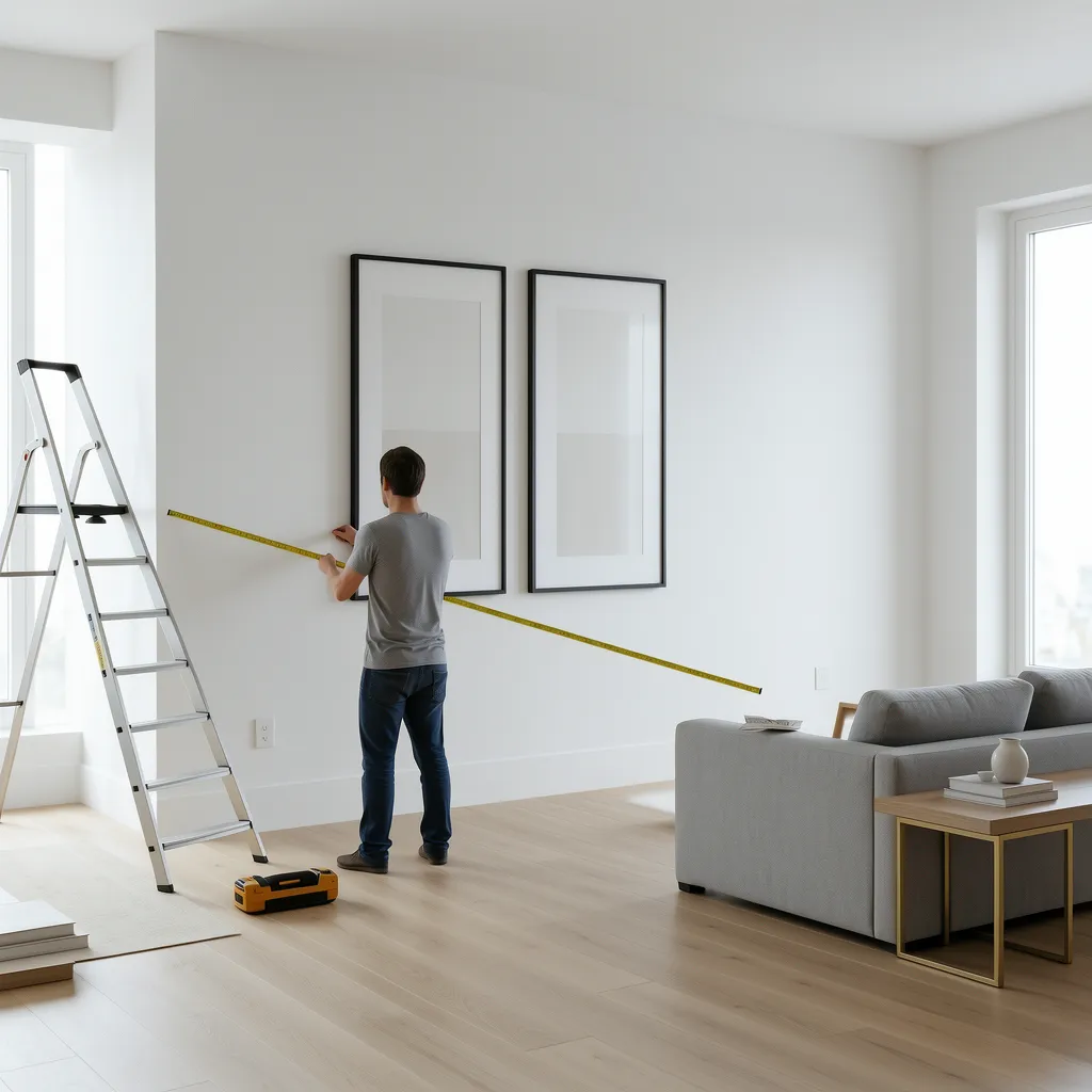 interior designer measuring spacing between two large wall frames