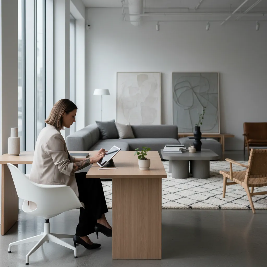 Interior designer wearing blazer with visible tattoo sleeve working on tablet in studio