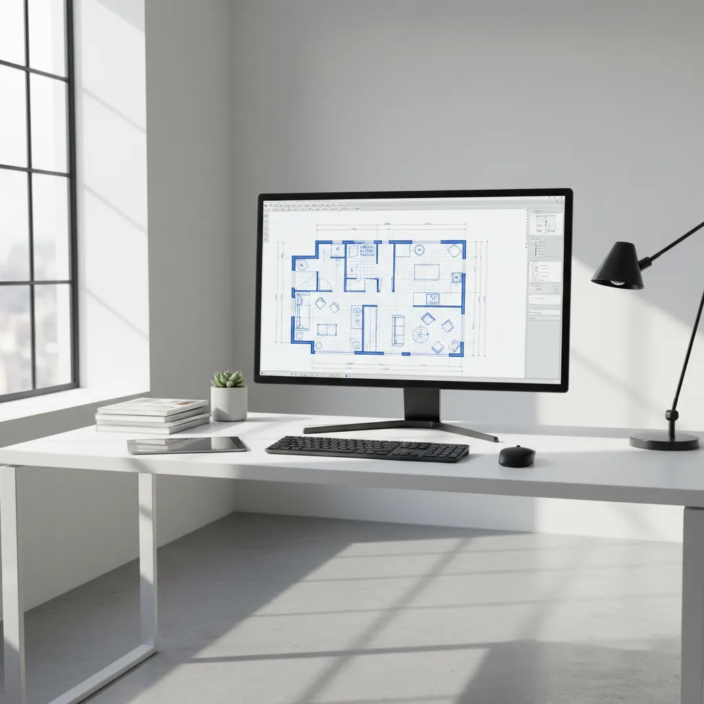Interior designer creating a digital 2D floor plan layout on CAD software