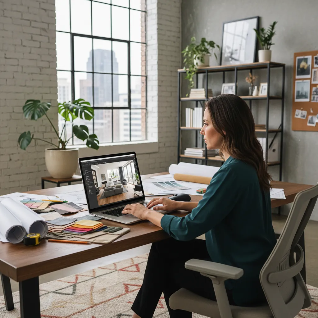Diseñador de interiores trabajando en un ordenador con un proyecto 3D abierto