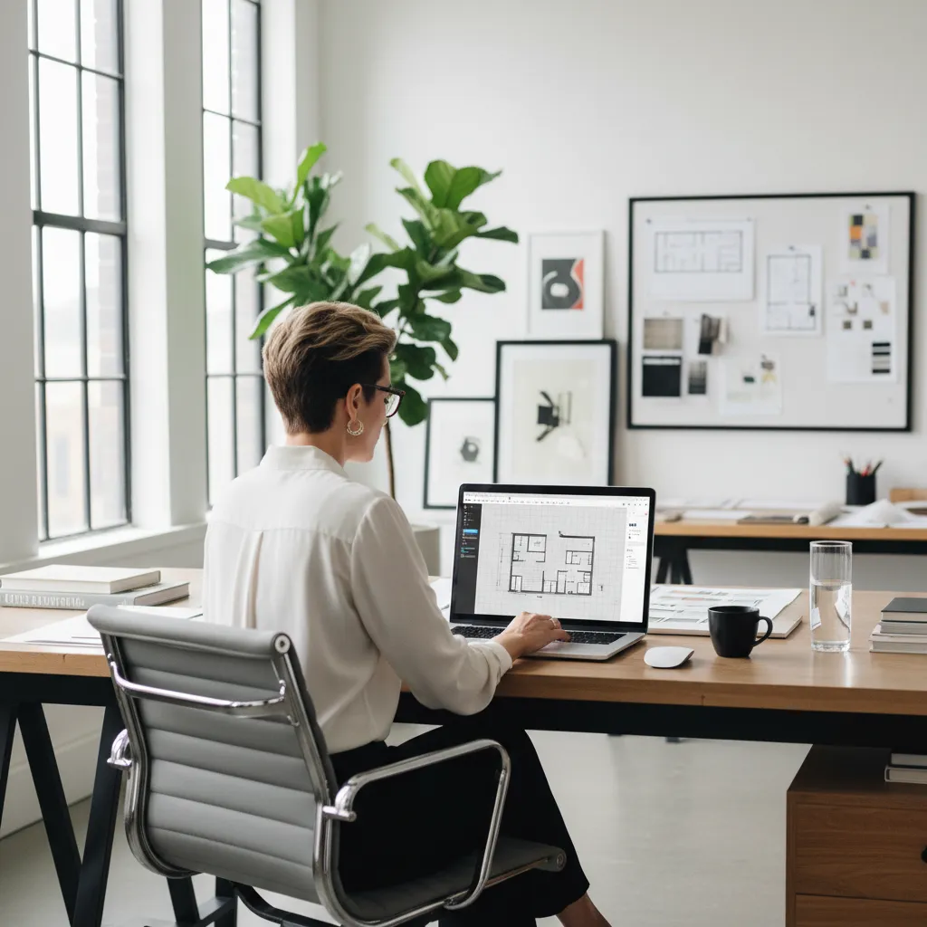 designer working on CAD floor plan layout on computer