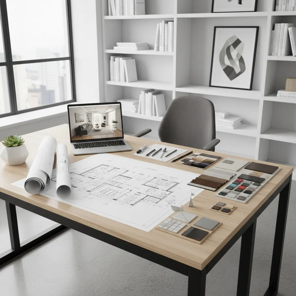 interior designer sketching floor plan layout on desk with laptop