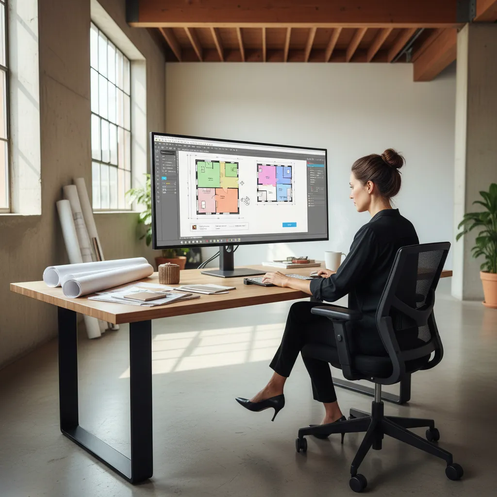 Interior designer creating a home layout using floor plan design software on a computer