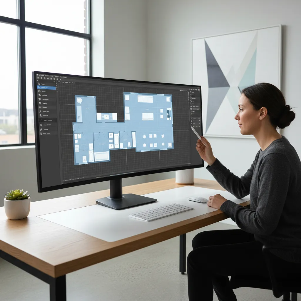 Interior designer editing a digital floor plan layout on computer screen