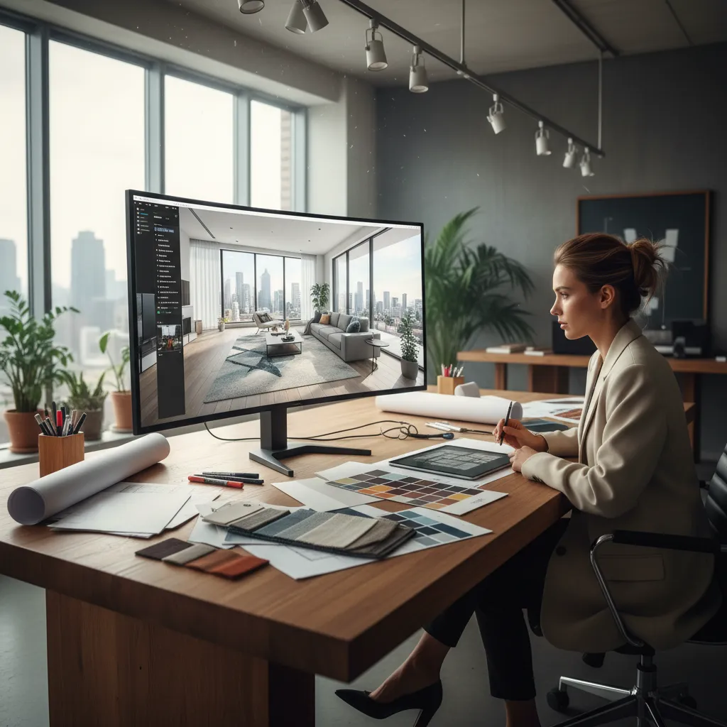 Diseñador revisando un proyecto de salón moderno en pantalla