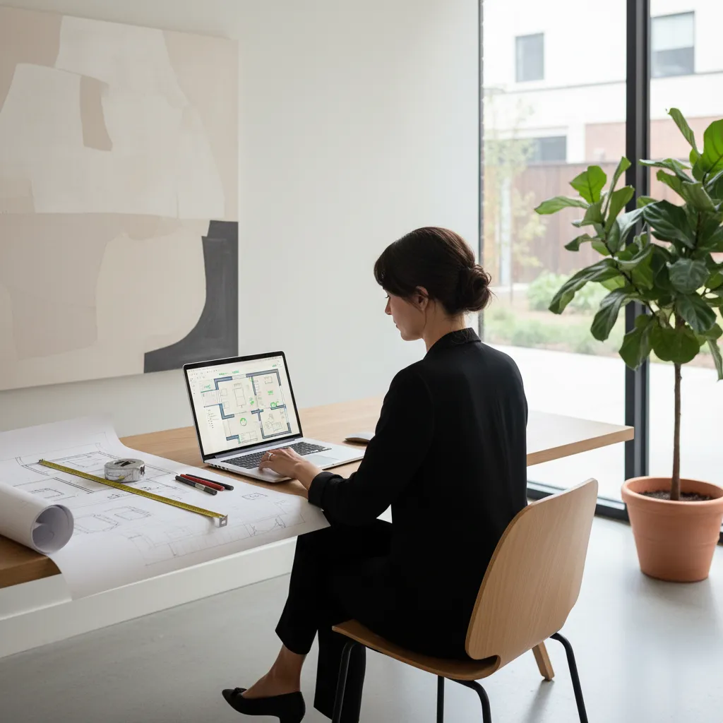interior designer creating a digital floor plan on a laptop