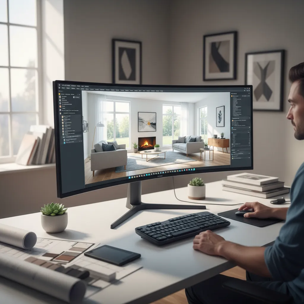 Designer reviewing realistic interior render on computer screen