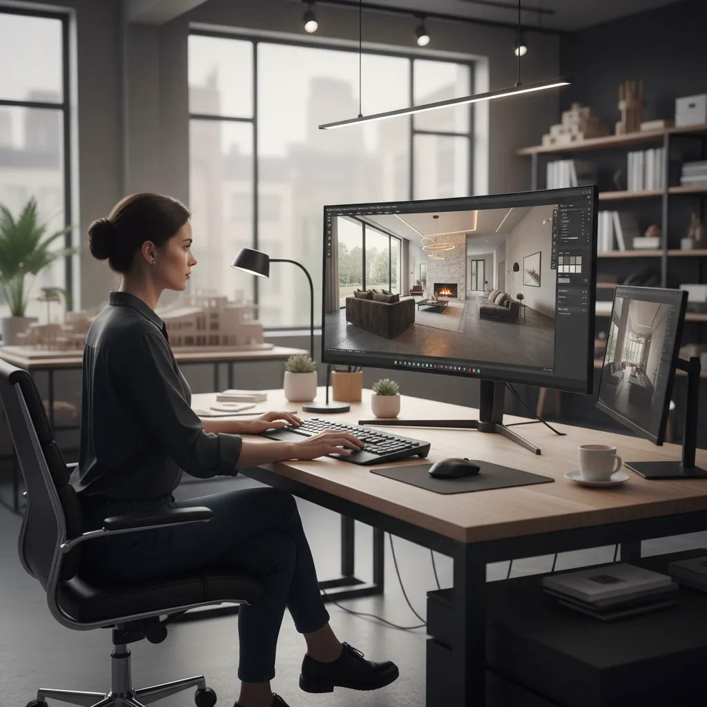 Interior designer adjusting materials in a 3D modeling software environment