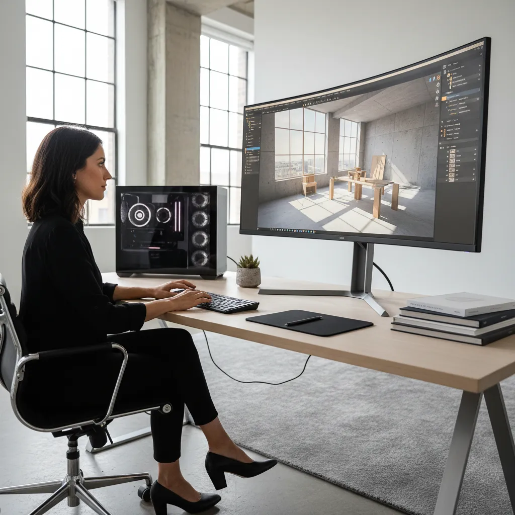 designer creating interior scene using 3D rendering software