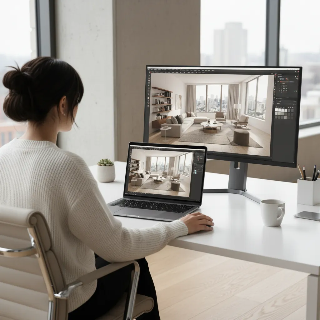 Interior designer reviewing a 3D room layout model on computer software