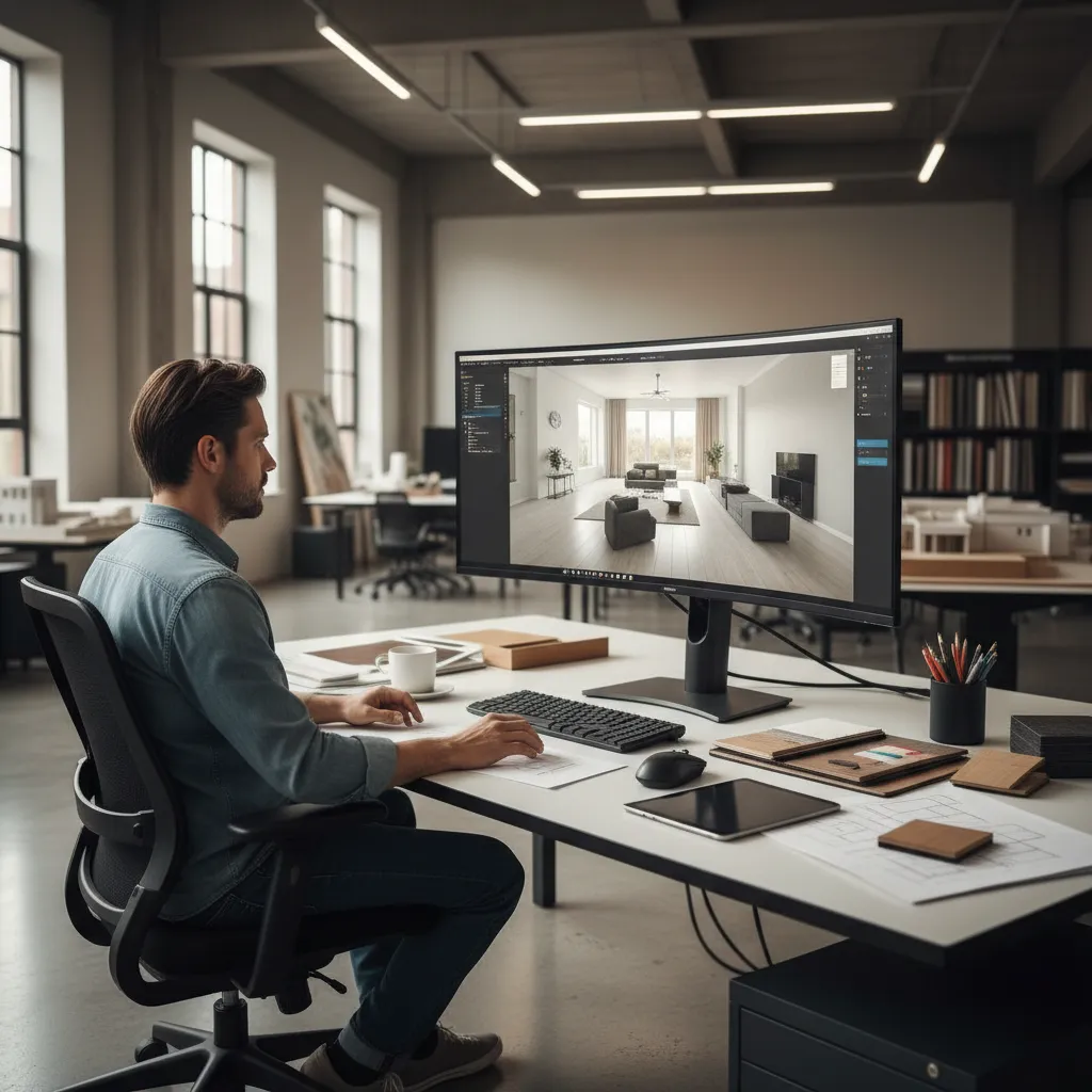 Diseñador de interiores trabajando con herramientas de inteligencia artificial en un estudio