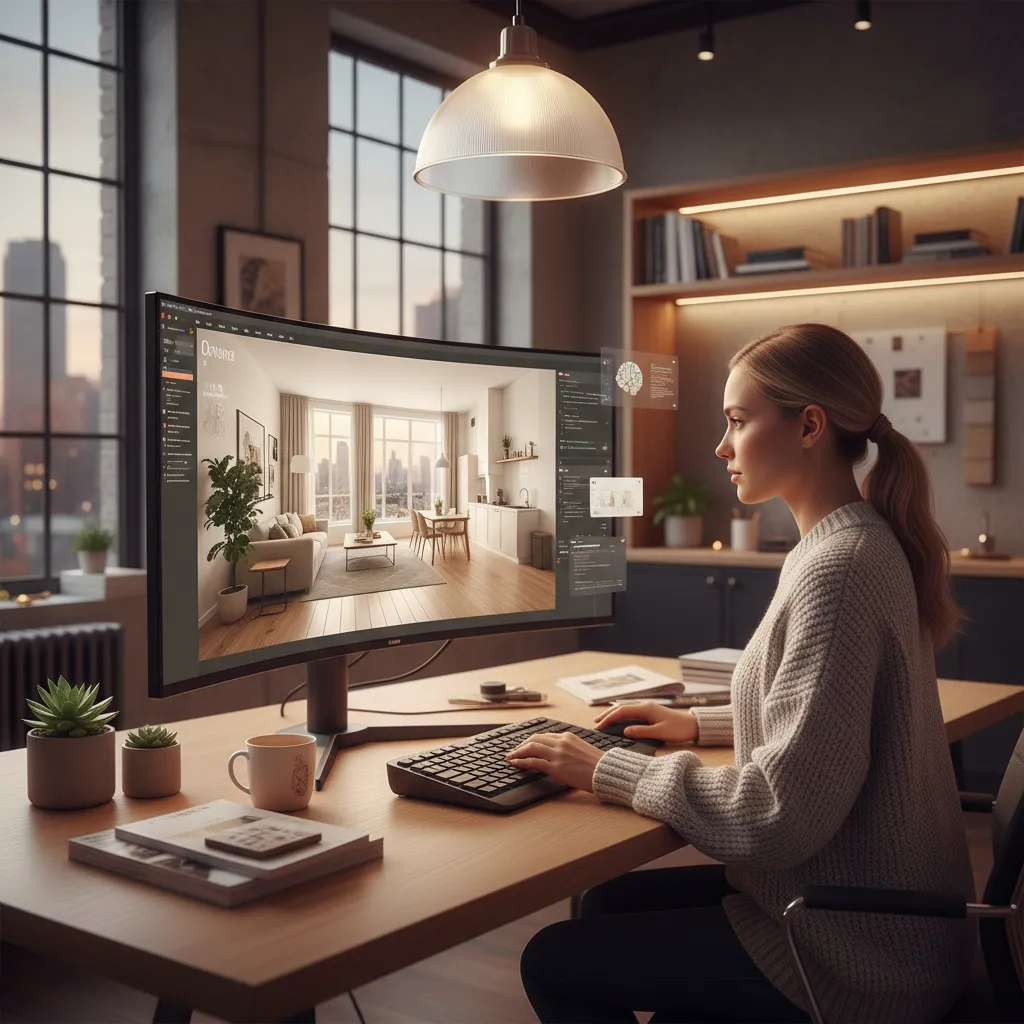 Diseñador de interiores utilizando software de inteligencia artificial en un estudio