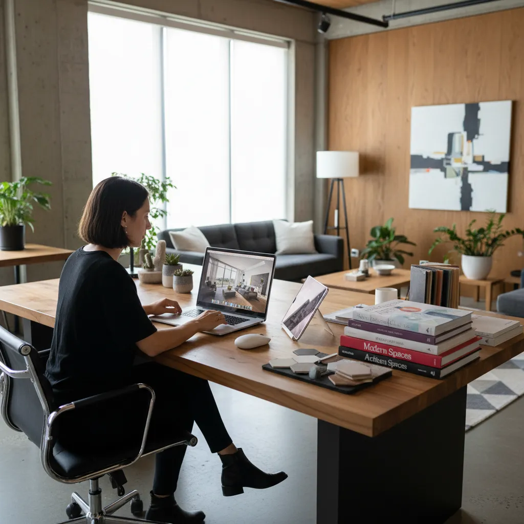 Diseñador de interiores trabajando con libros y ordenador en un estudio