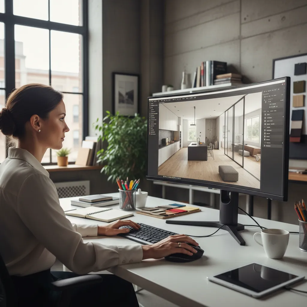 interior designer working on 3D floor plan software on a large monitor