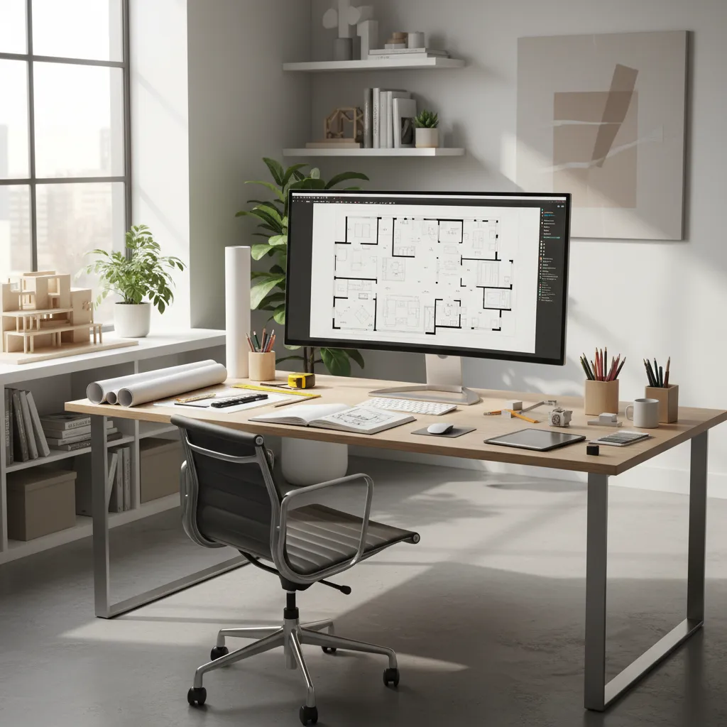 Interior designer reviewing a digital floor plan layout on a large screen
