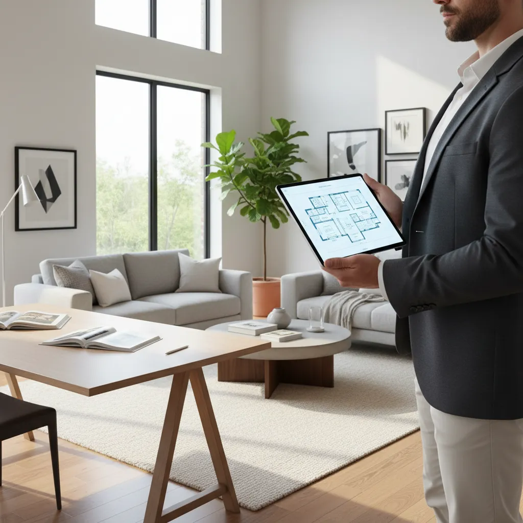 Interior designer reviewing digital floor plan on tablet