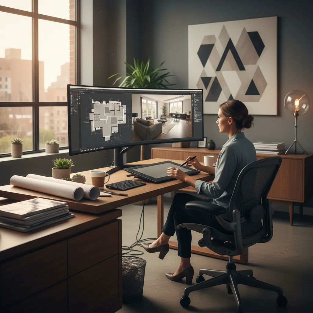interior designer working on home design drawing software on large monitor