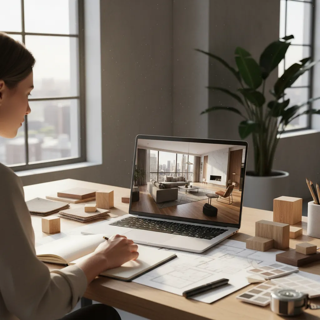 diseñador trabajando con software de diseño interior en ordenador