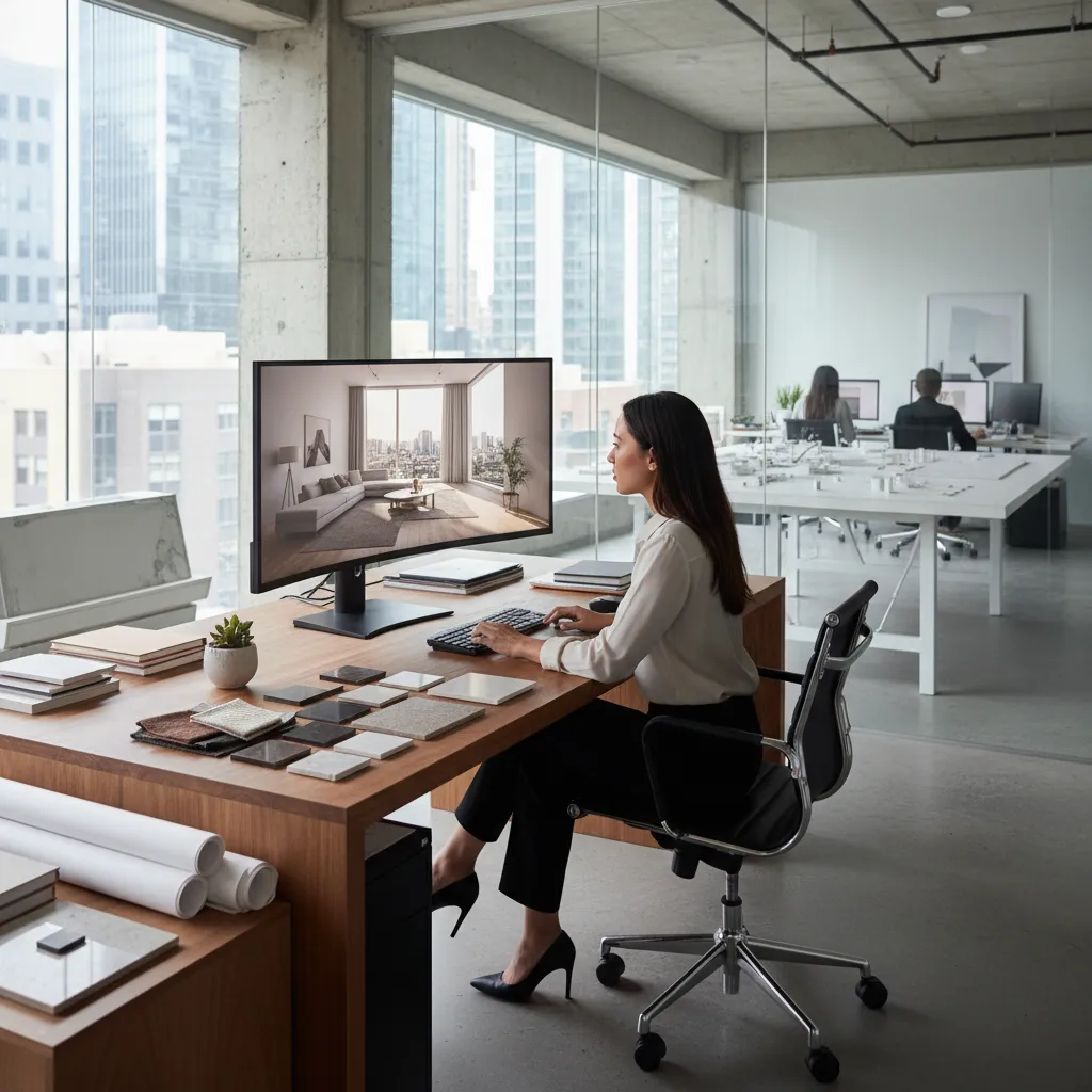 Interior designer reviewing renderings on computer in modern studio