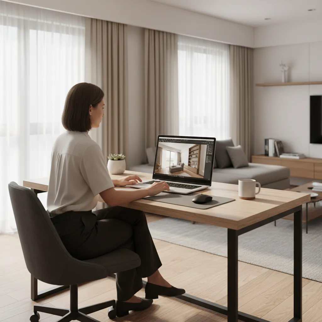 designer working on laptop creating interior rendering visualization
