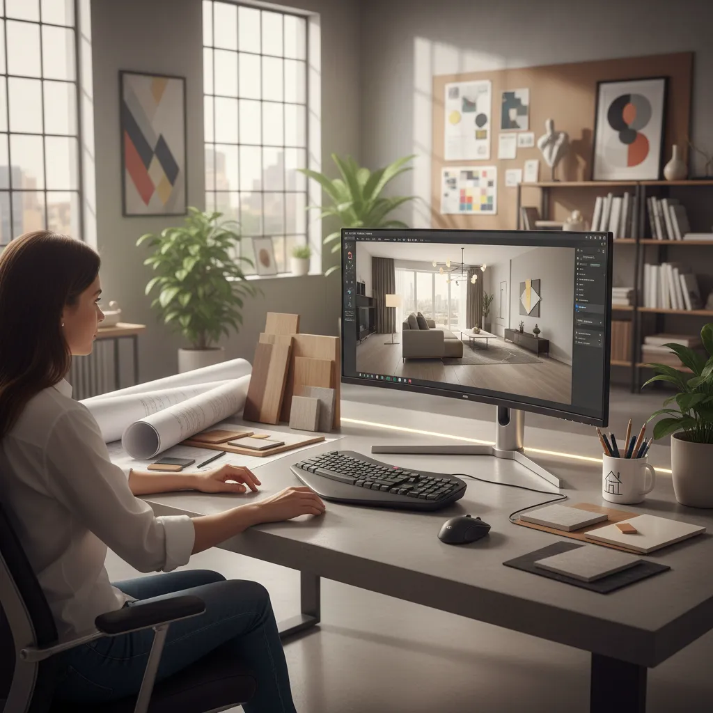 Interior designer working on a computer screen showing a modern living room interior design drawing