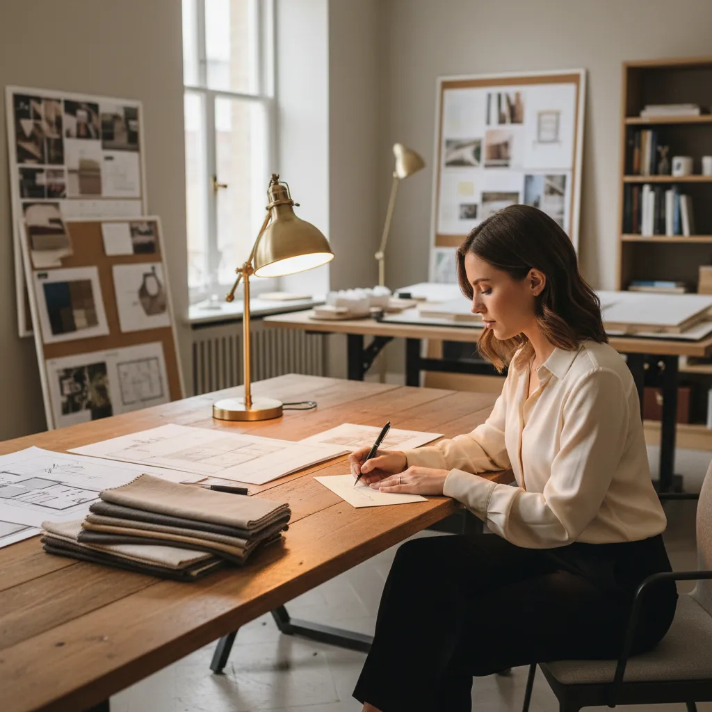 Interior designer writing a handwritten thank you note at a studio desk with design samples