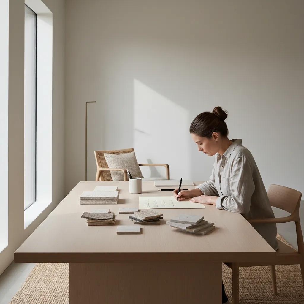 interior designer writing a personal client note at a clean studio desk