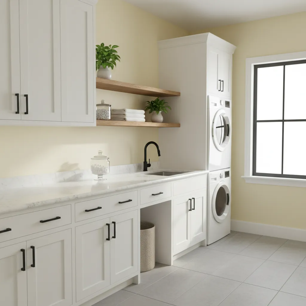 designer renovated laundry room with pale yellow walls and wood shelves