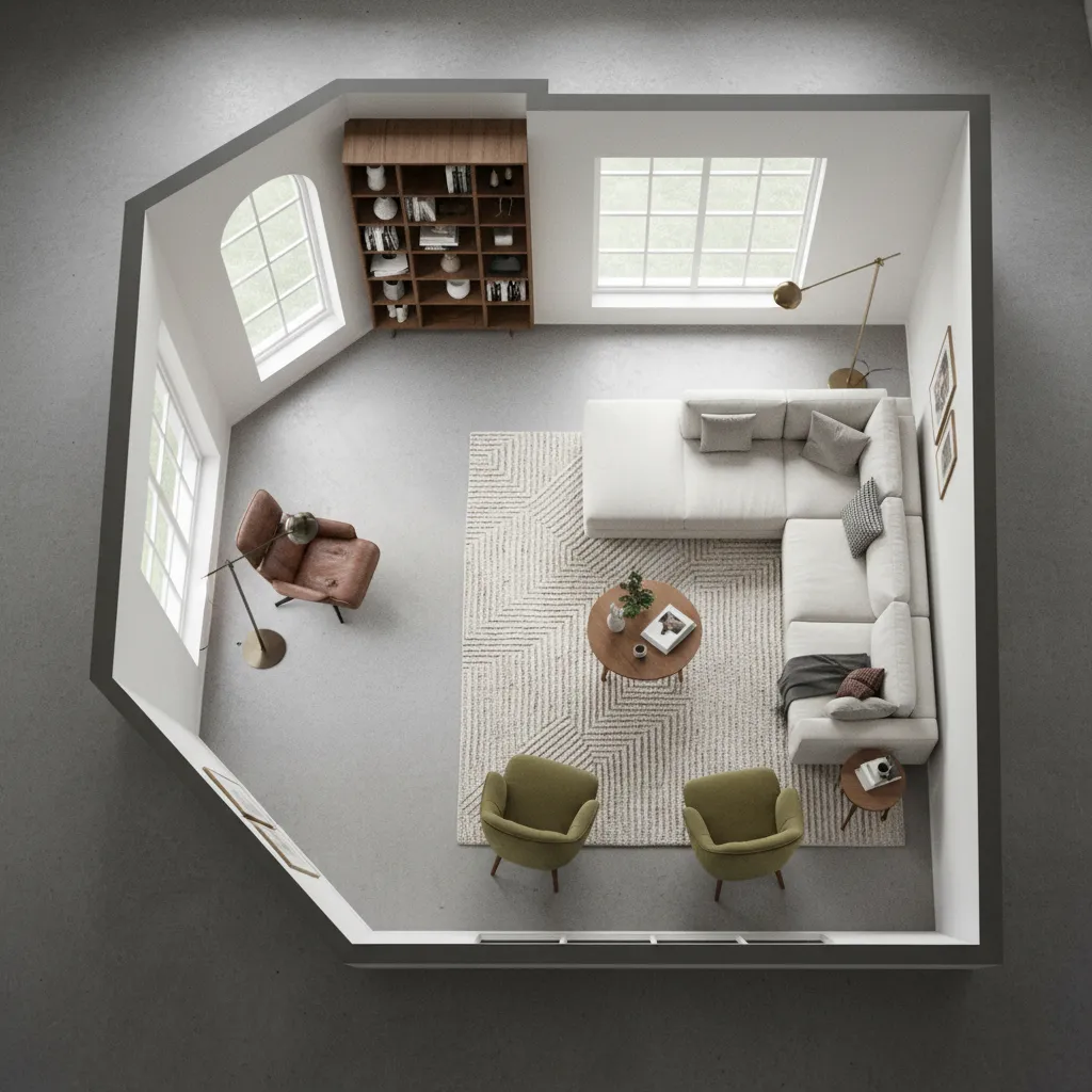 floor layout zoning concept for awkward living room showing seating and reading areas