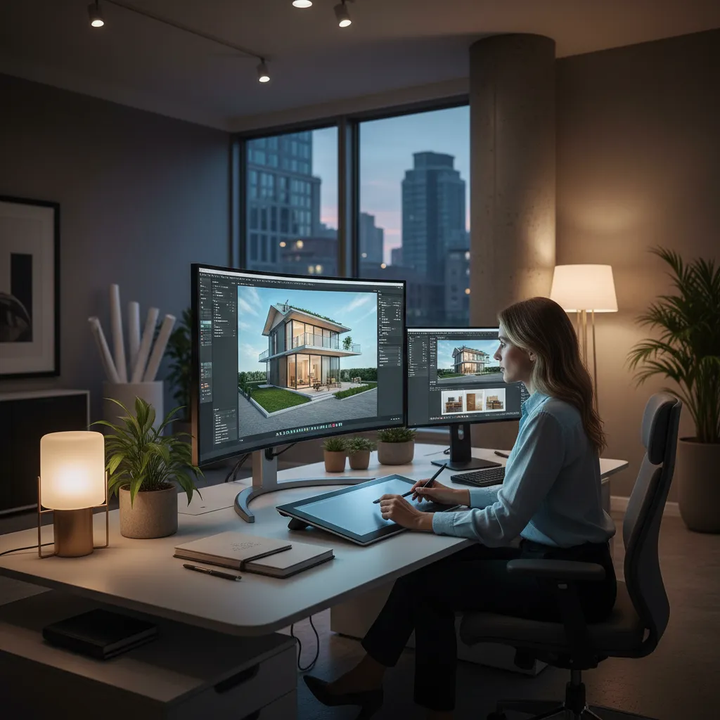 Female designer working on interior design drawing using dual monitors and a digital drawing tablet