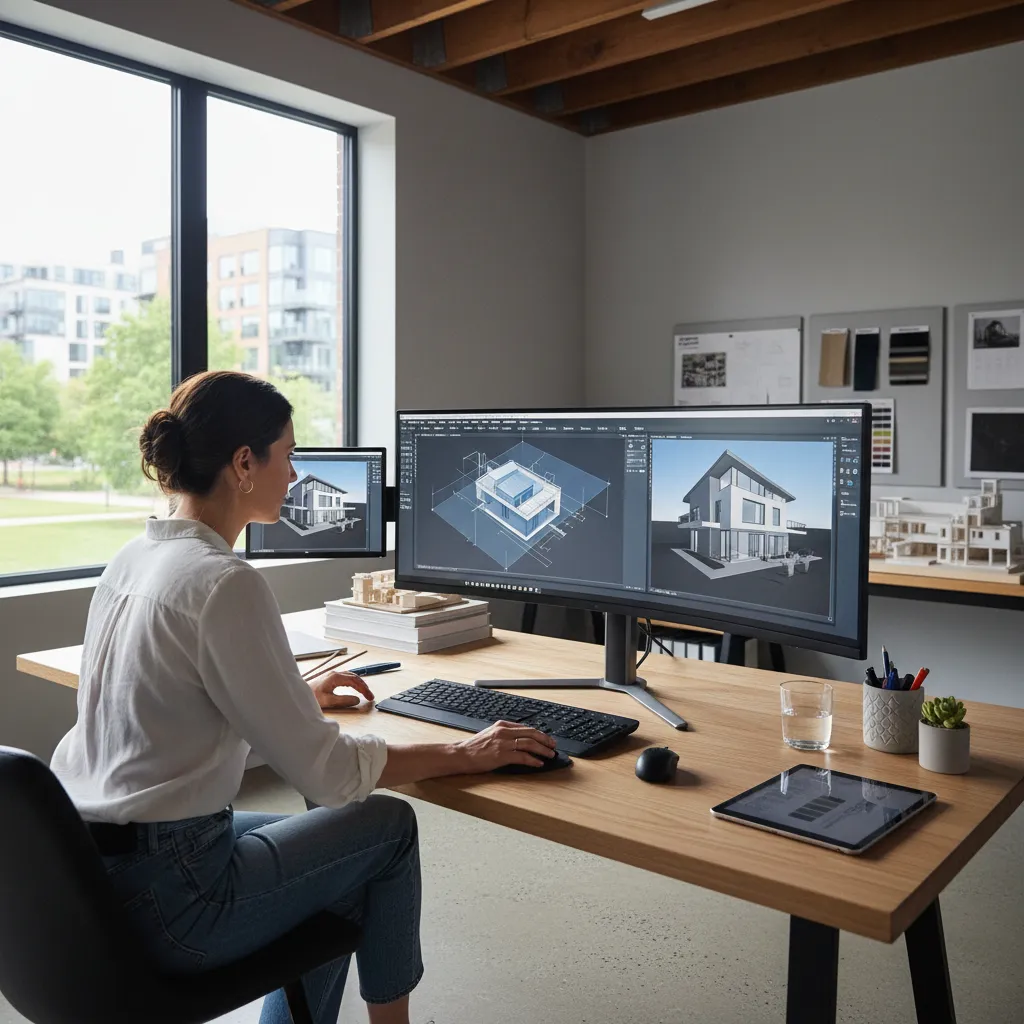 Diseñador trabajando en plano digital de casa moderna