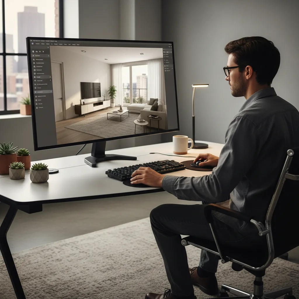Man using computer to create interior design drawing of modern living room on white desk
