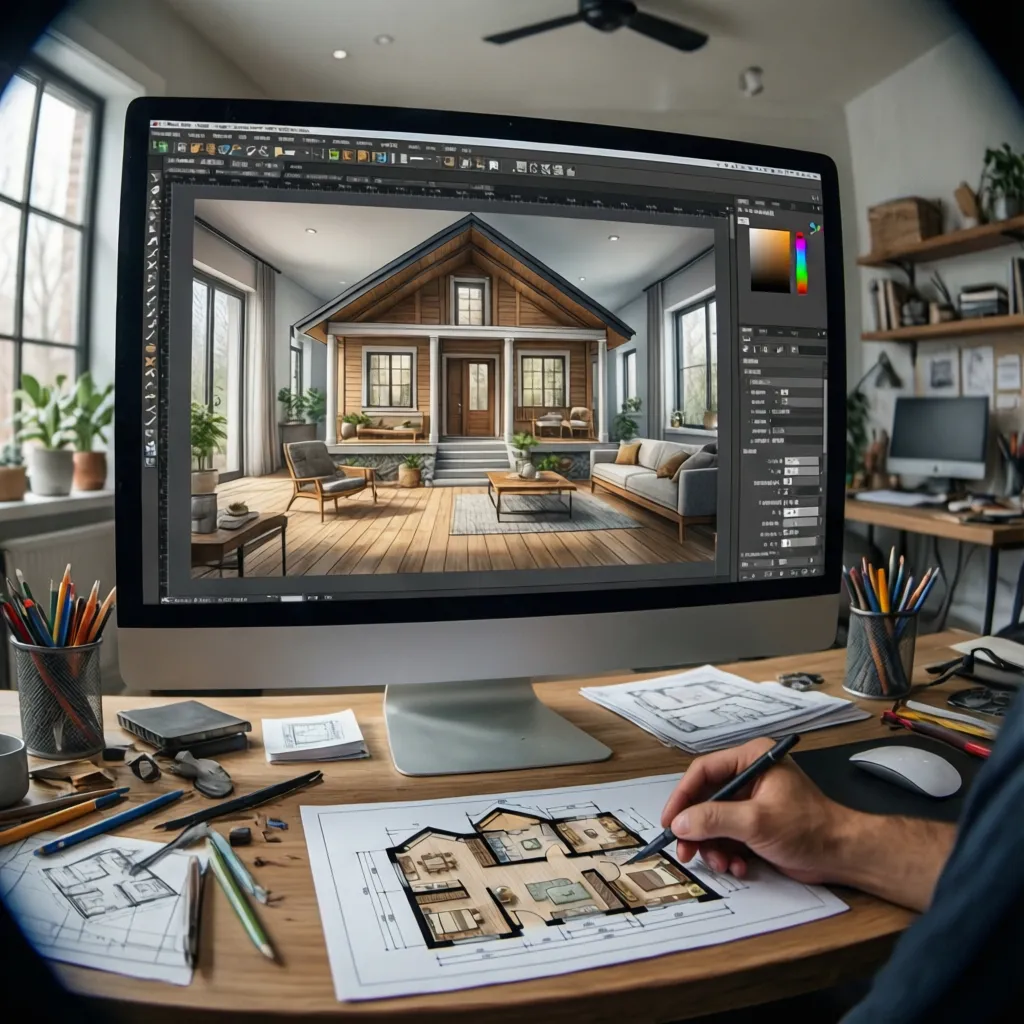Diseñador revisando un plano de casa de una sola planta en ordenador