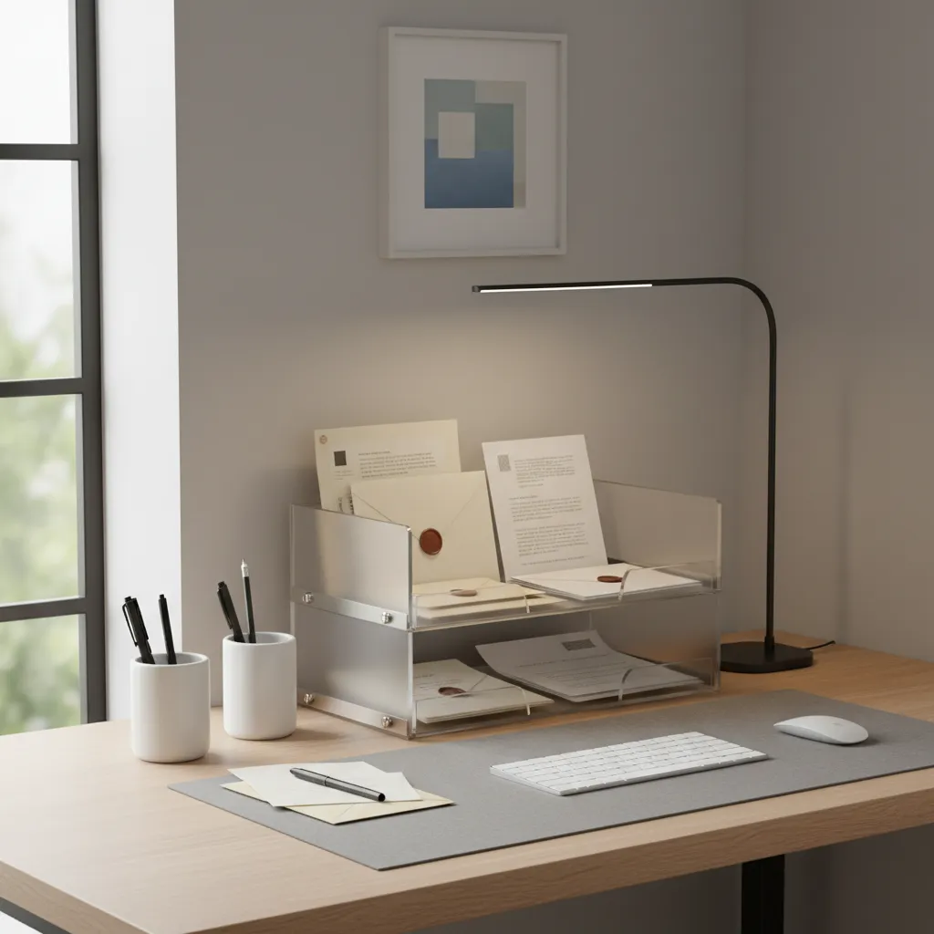 two tier desk tray system organizing mail and paperwork