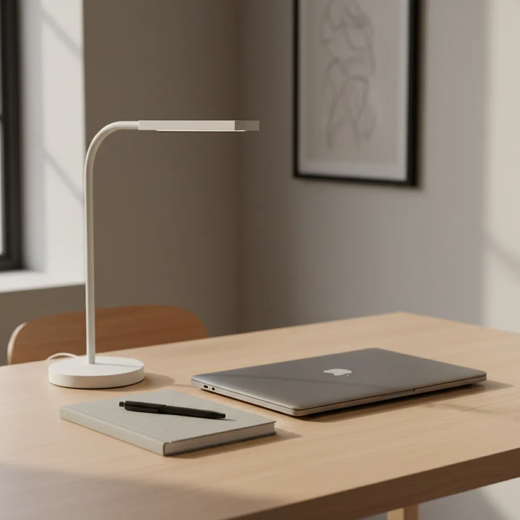 Minimal desk with compact lamp illustrating a buying checklist concept