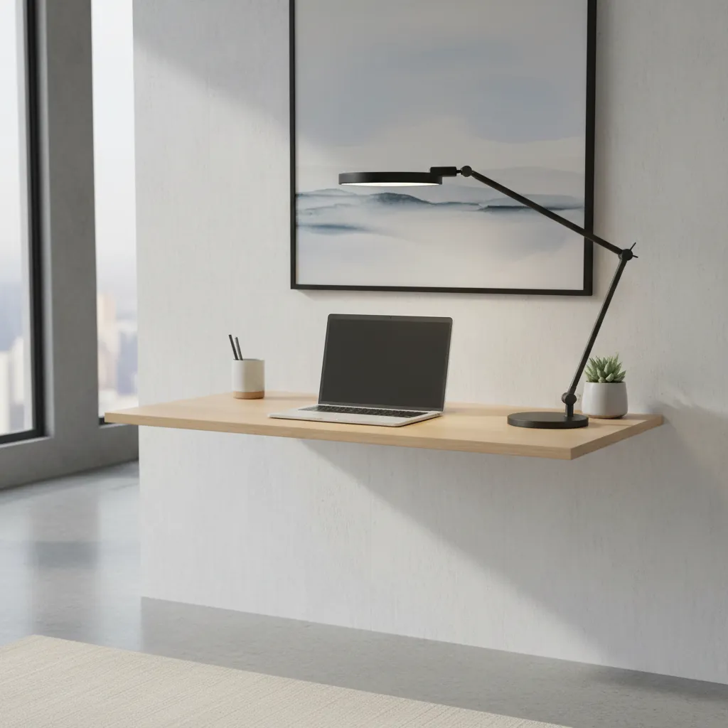 Adjustable desk lamp angled downward to reduce glare on small desk