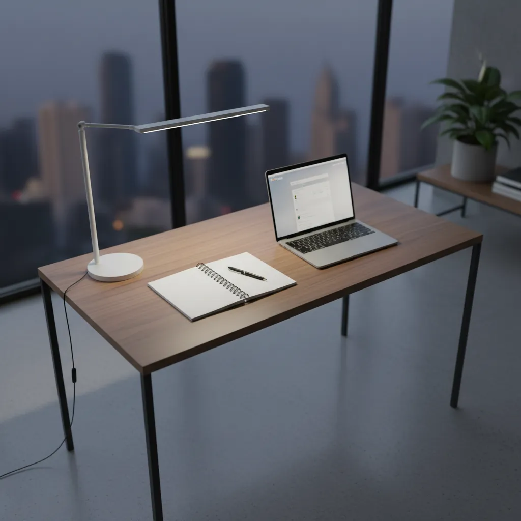 Proper desk lamp placement on a small desk opposite the writing hand