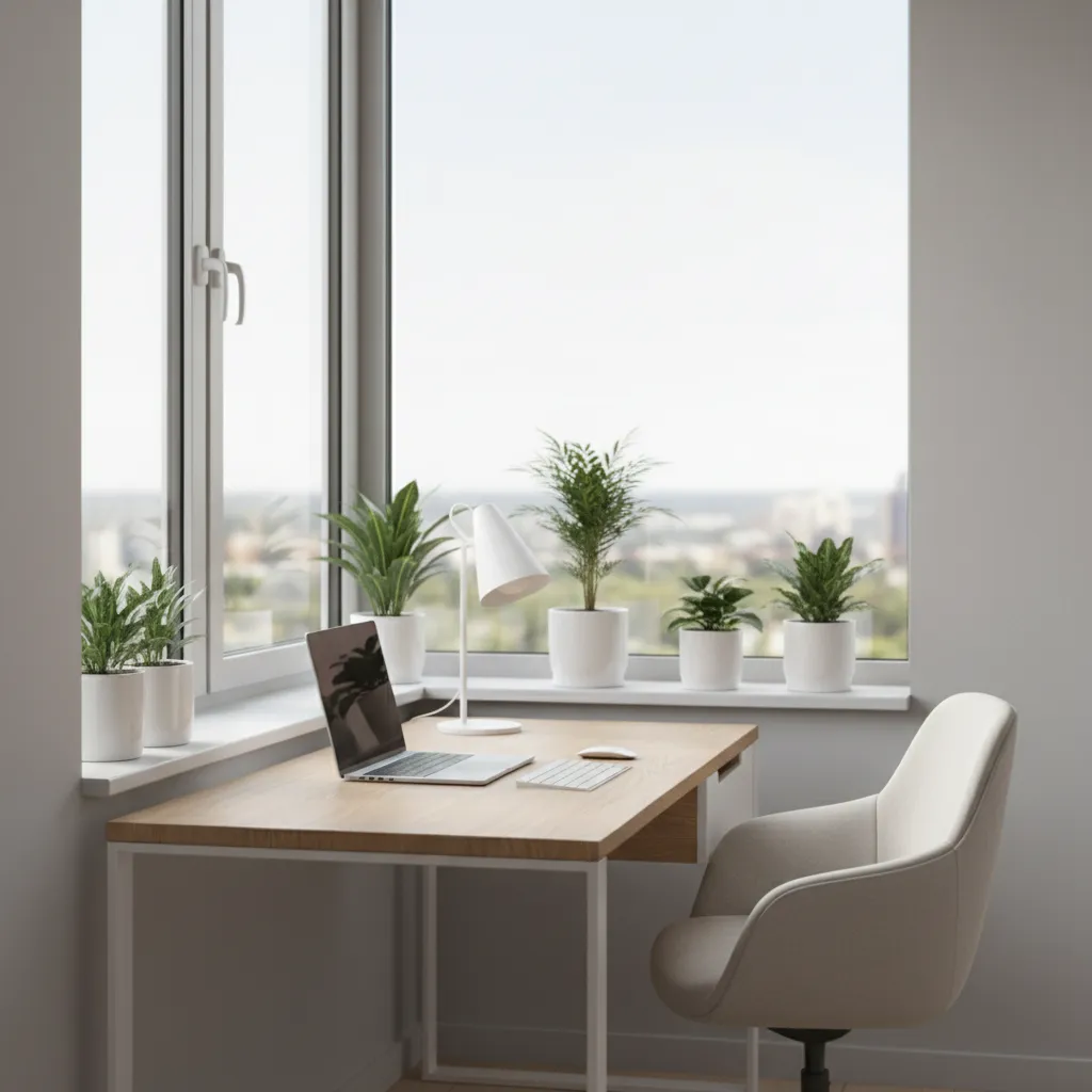 Bedroom office desk placed near window with natural light