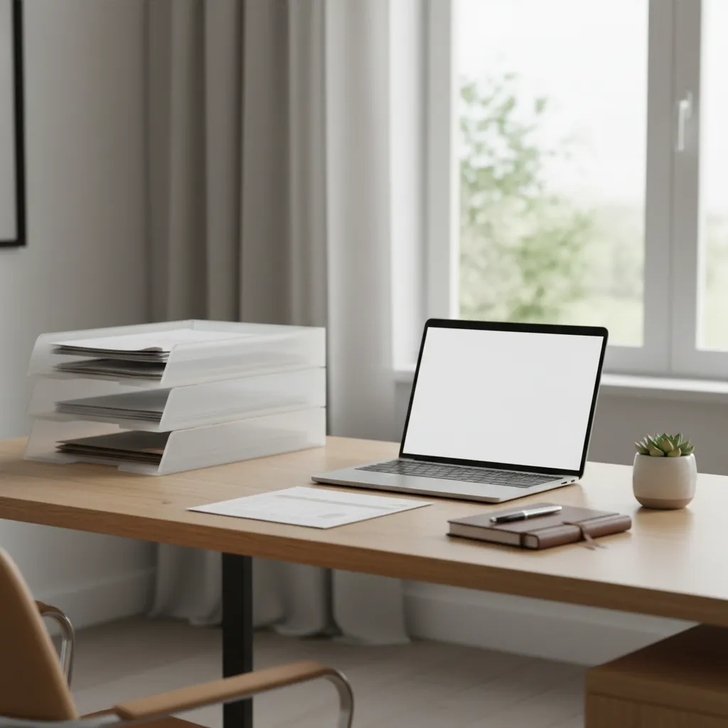 Desk mail tray organizer with stacked document trays on a workspace
