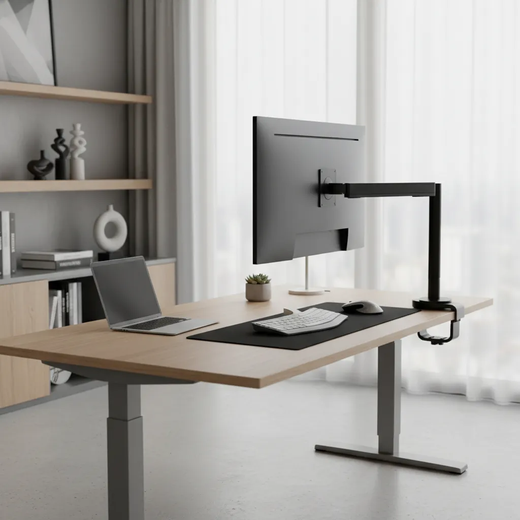 Adjustable desk monitor arm clamped to desk showing extended ergonomic position