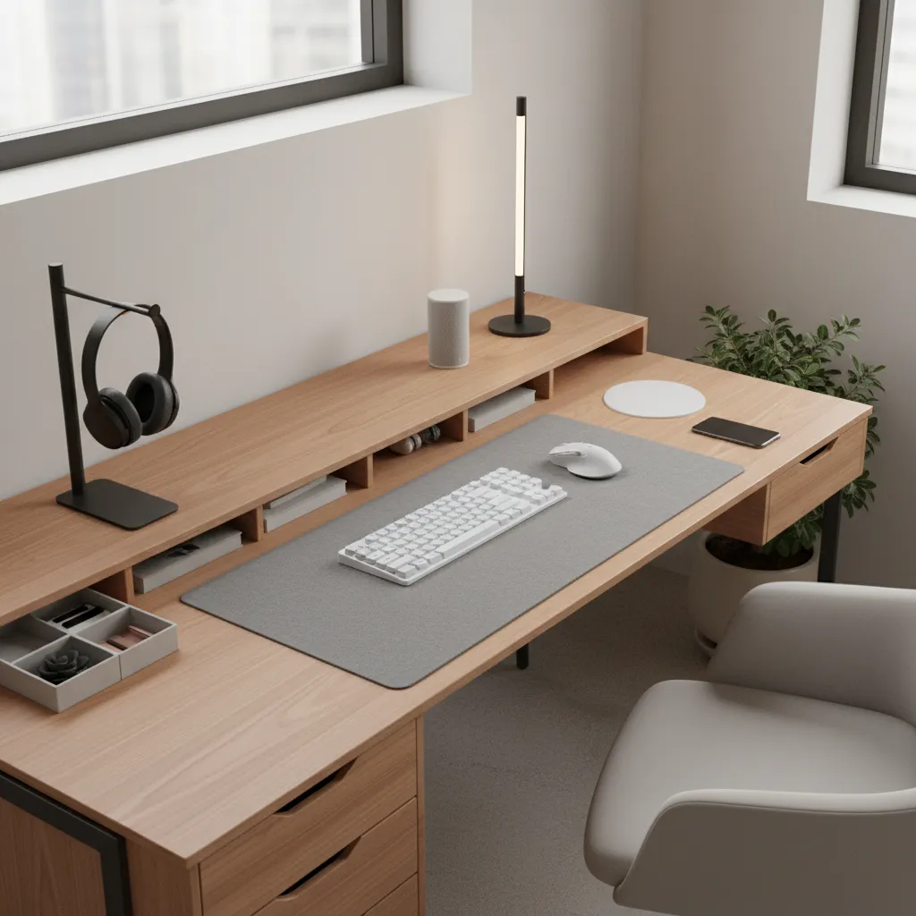 Modern desk with drawer organizers, headphone stand and charging dock