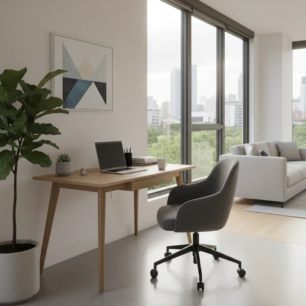 Modern home office desk by window with city view, grey chair, laptop, and large plant